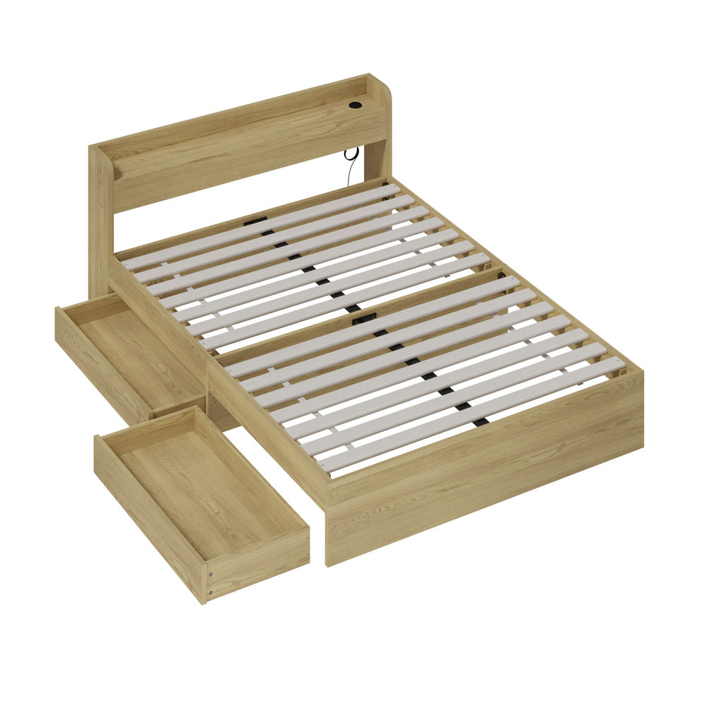 Oikiture Double Bed Frame with Charging Ports &amp; 2 Drawers-Wooden Bed Frames-PEROZ Accessories