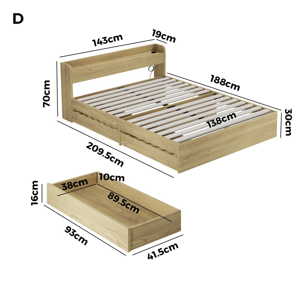 Oikiture Double Bed Frame with Charging Ports &amp; 2 Drawers-Wooden Bed Frames-PEROZ Accessories