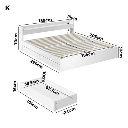 Oikiture Bed Frame King Size with Charging Ports 2 Drawers White-Bed Frame-PEROZ Accessories