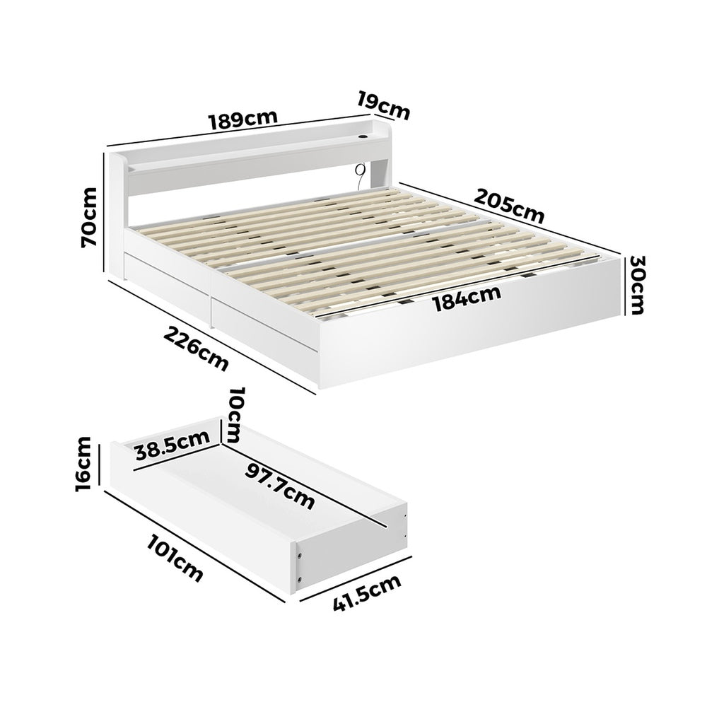 Oikiture Bed Frame King Size with 2 Drawers Charging Ports White-Bed Frame-PEROZ Accessories