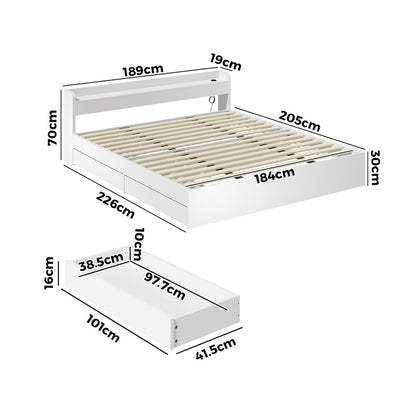 Oikiture Bed Frame King Size with 2 Drawers Charging Ports White-Bed Frame-PEROZ Accessories