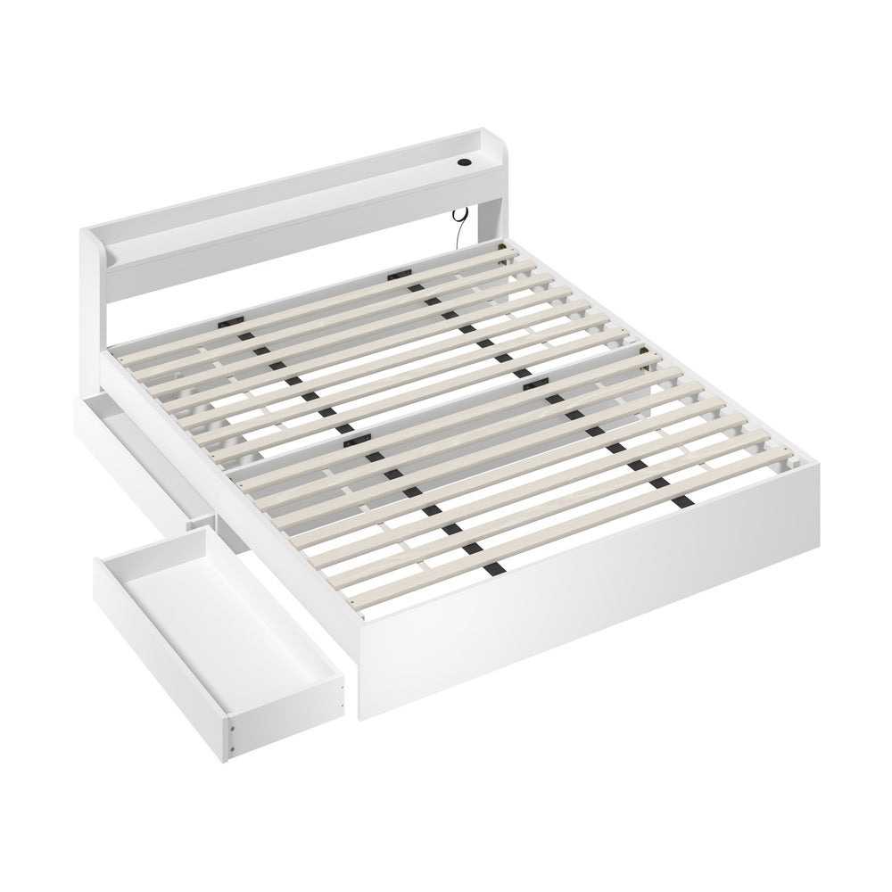 Oikiture Bed Frame King Size with 2 Drawers Charging Ports White-Bed Frame-PEROZ Accessories