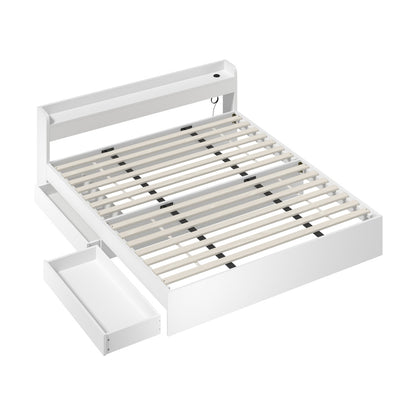 Oikiture Bed Frame King Size with 2 Drawers Charging Ports White-Bed Frame-PEROZ Accessories