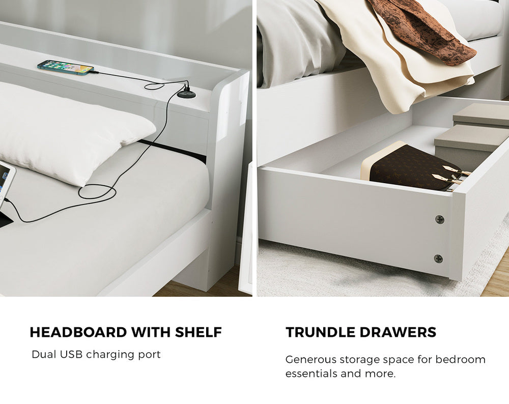 Oikiture Bed Frame King Size with 2 Drawers Charging Ports White-Bed Frame-PEROZ Accessories