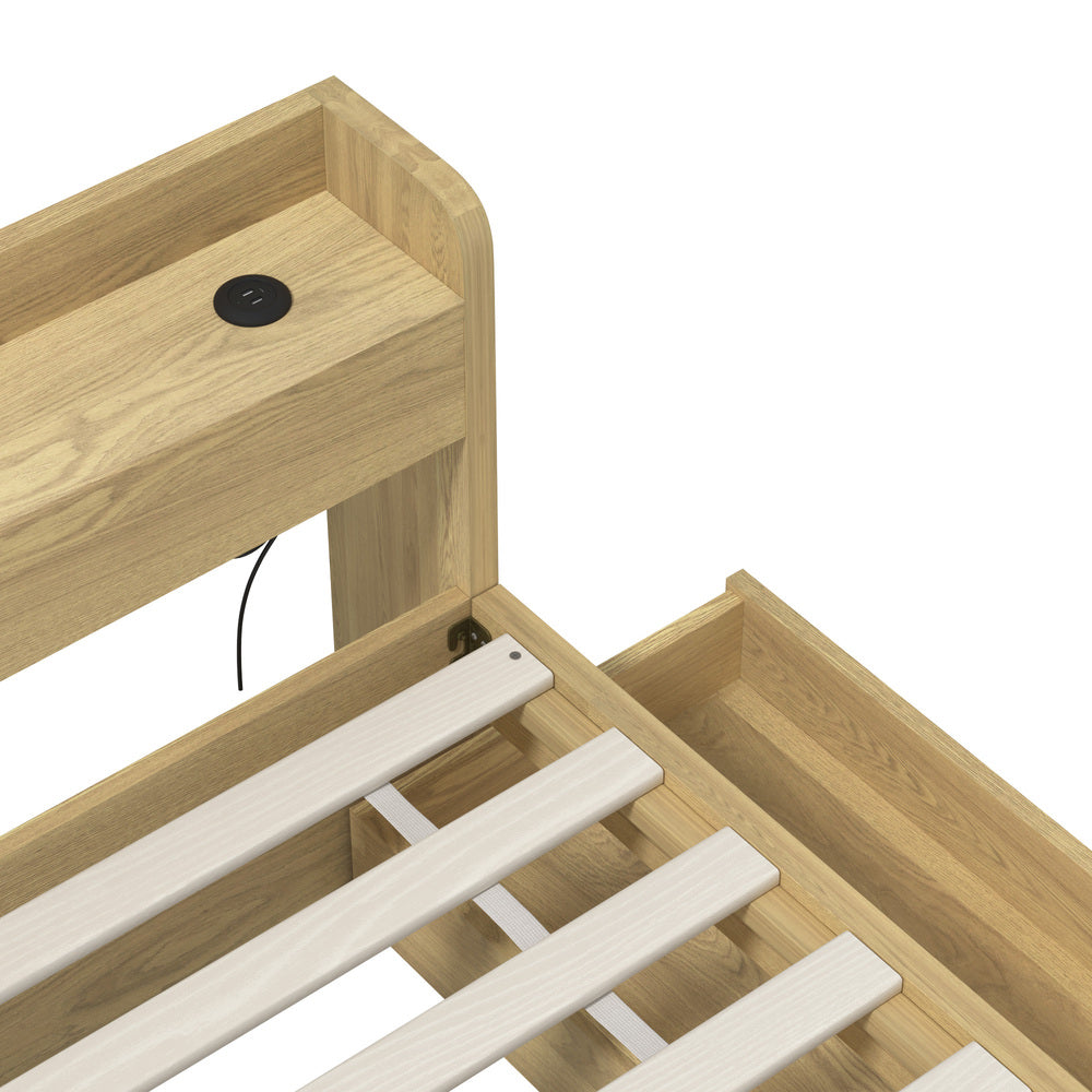 Oikiture King Single Bed Frame with Charging Ports &amp; 2 Drawers-Wooden Bed Frames-PEROZ Accessories
