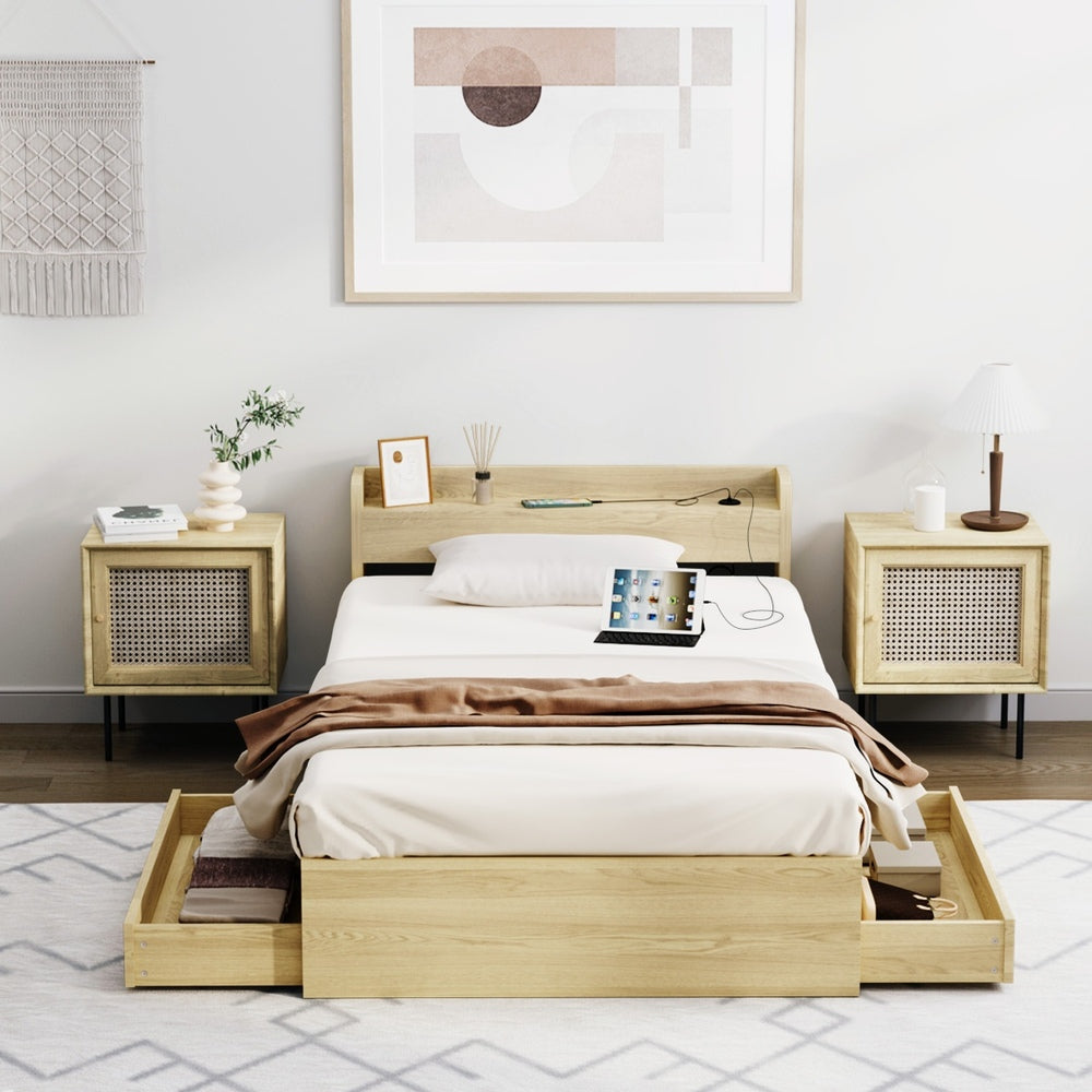 Oikiture King Single Bed Frame with Charging Ports &amp; 2 Drawers-Wooden Bed Frames-PEROZ Accessories