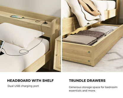 Oikiture King Single Bed Frame with Charging Ports &amp; 2 Drawers-Wooden Bed Frames-PEROZ Accessories
