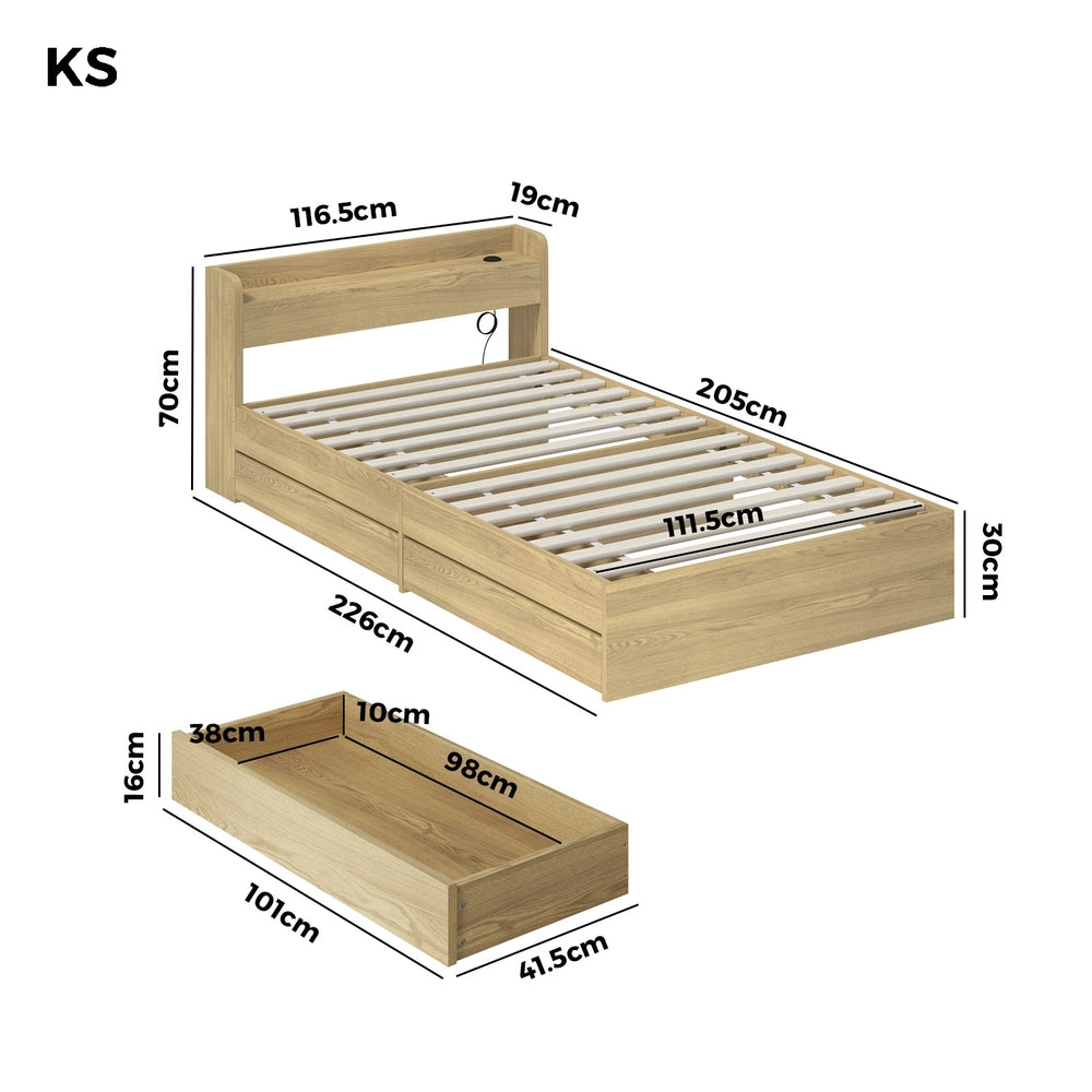 Oikiture King Single Bed Frame with Charging Ports &amp; 2 Drawers-Wooden Bed Frames-PEROZ Accessories