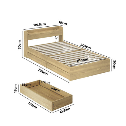 Oikiture King Single Bed Frame with Charging Ports 2 Drawers-Bed Frame-PEROZ Accessories