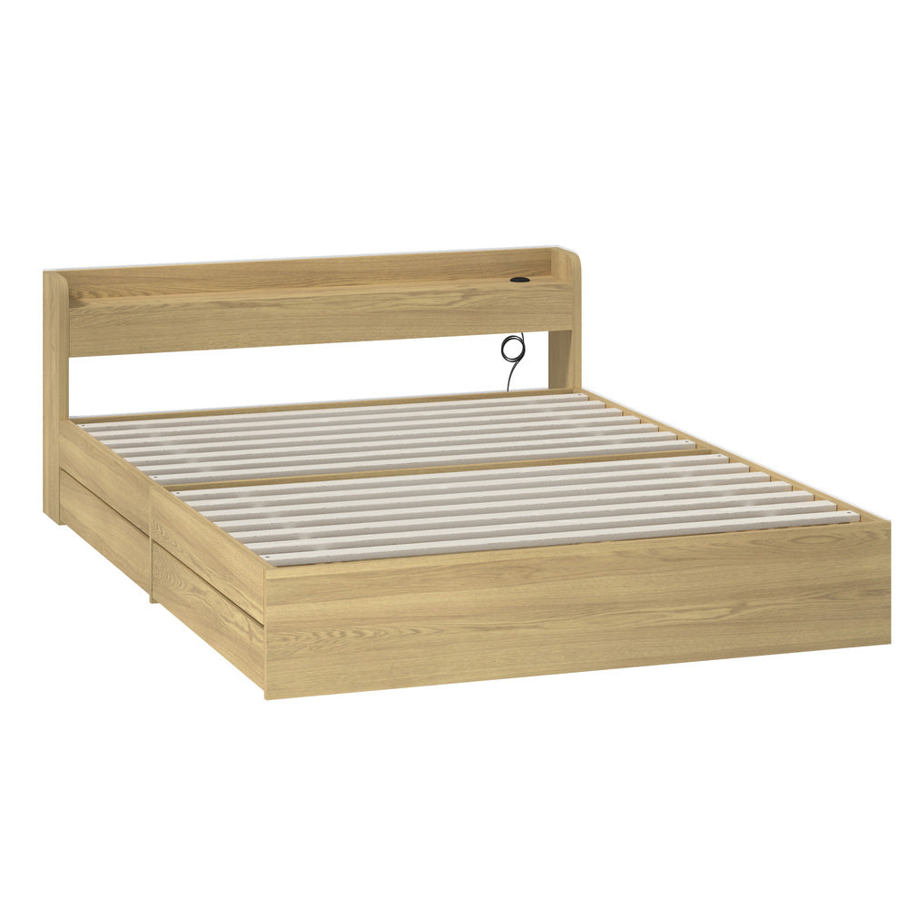 Oikiture Queen Bed Frame with Charging Ports &amp; 2 Drawers-Wooden Bed Frames-PEROZ Accessories