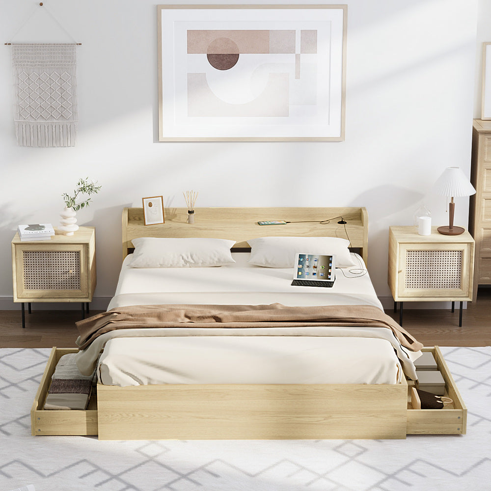 Oikiture Queen Bed Frame with Charging Ports &amp; 2 Drawers-Wooden Bed Frames-PEROZ Accessories