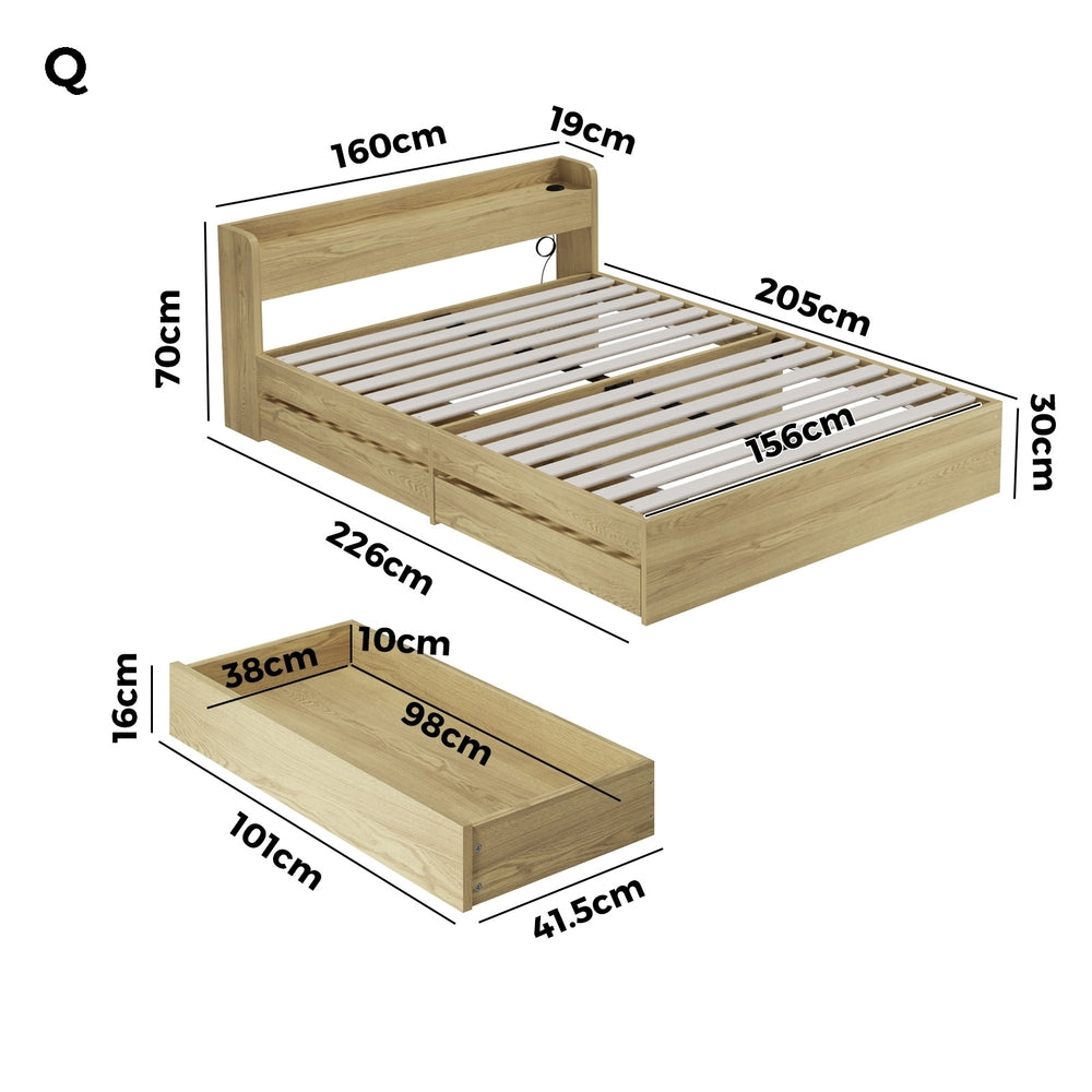 Oikiture Queen Bed Frame with Charging Ports &amp; 2 Drawers-Wooden Bed Frames-PEROZ Accessories