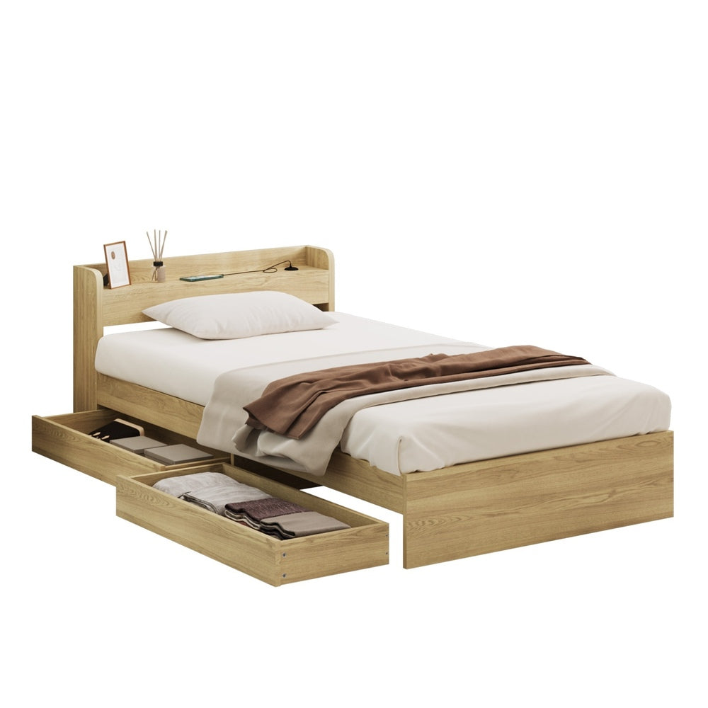 Oikiture Single Bed Frame with Charging Ports &amp; 2 Drawers-Wooden Bed Frames-PEROZ Accessories