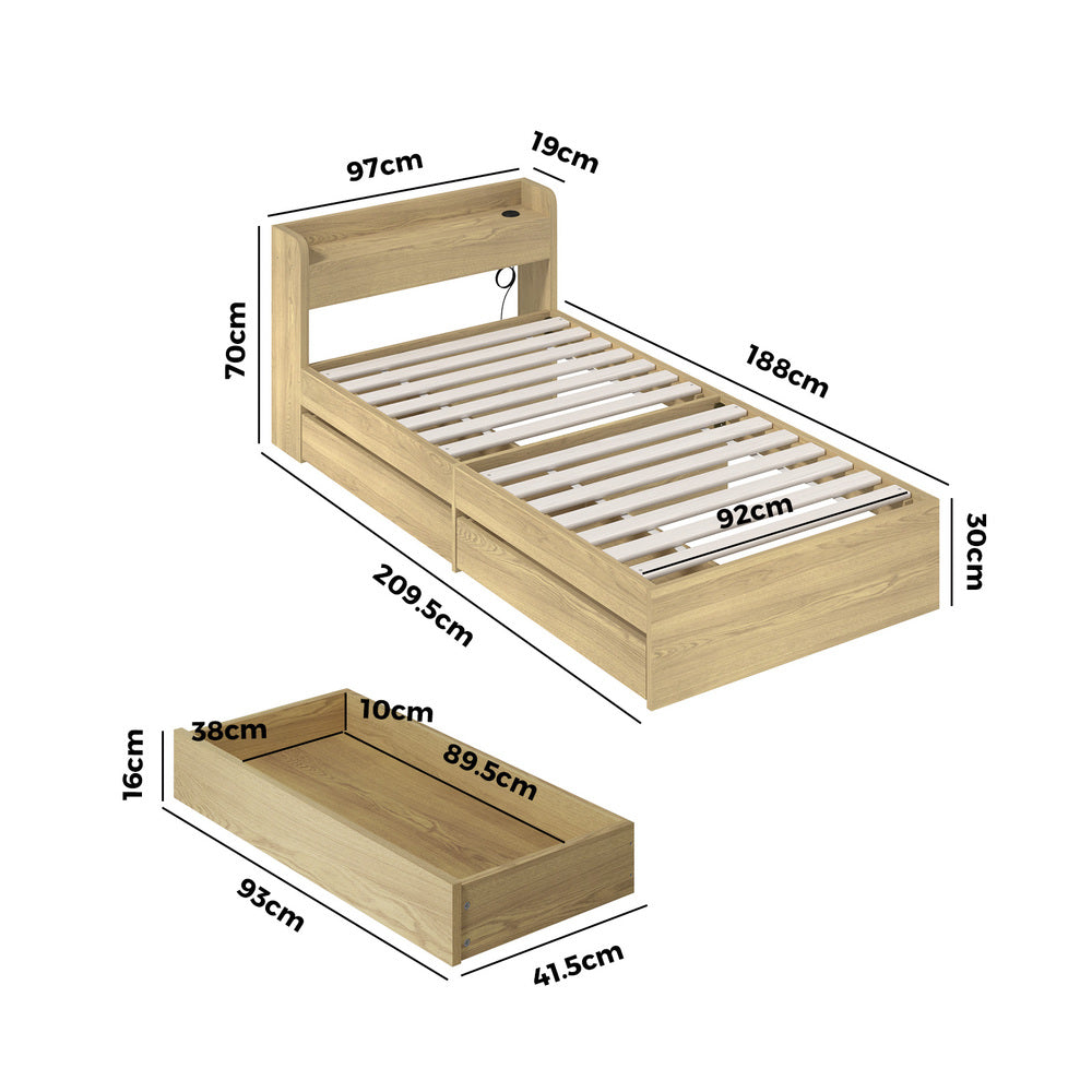Oikiture Single Bed Frame with Charging Ports &amp; 2 Drawers-Wooden Bed Frames-PEROZ Accessories