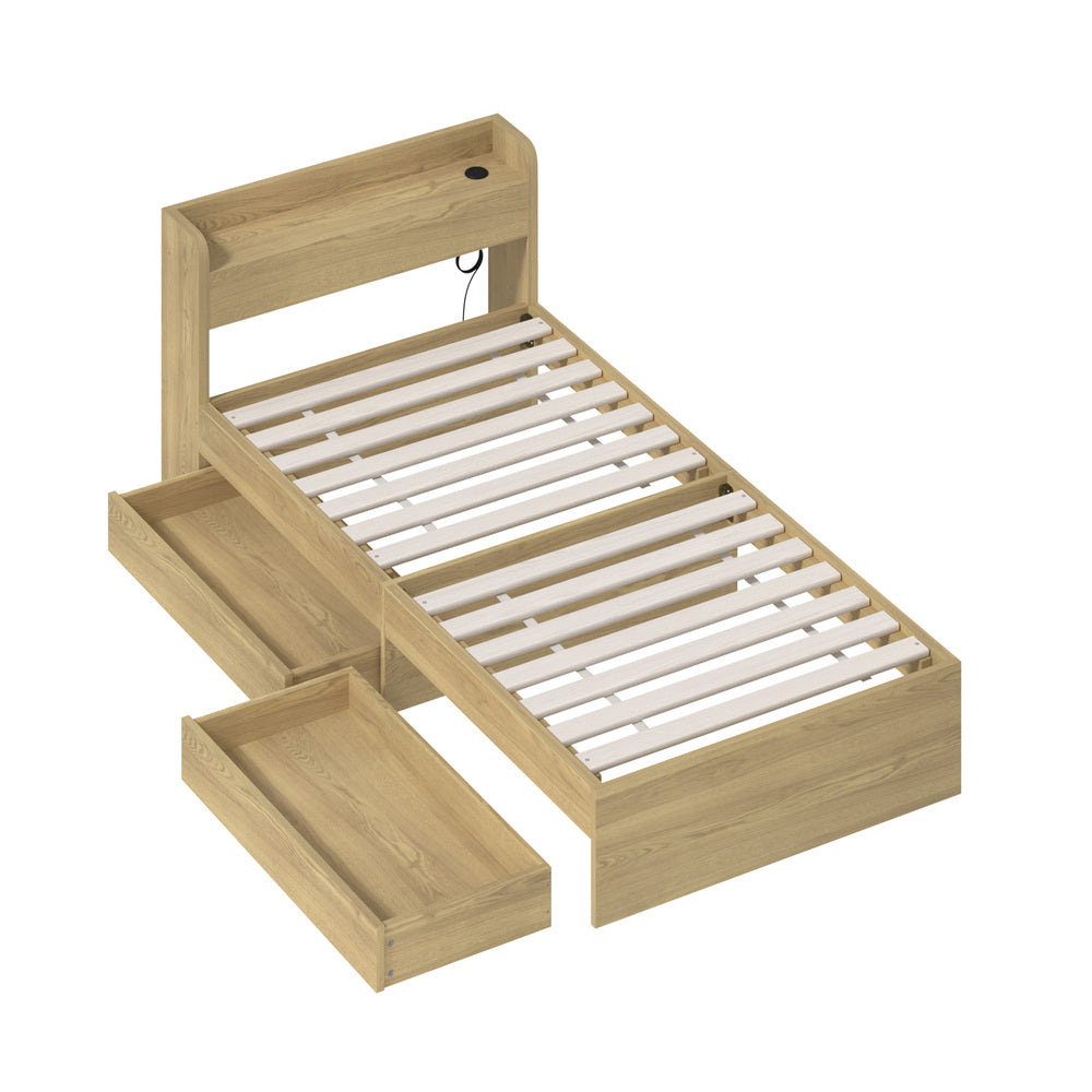 Oikiture Single Bed Frame with Charging Ports &amp; 2 Drawers-Wooden Bed Frames-PEROZ Accessories