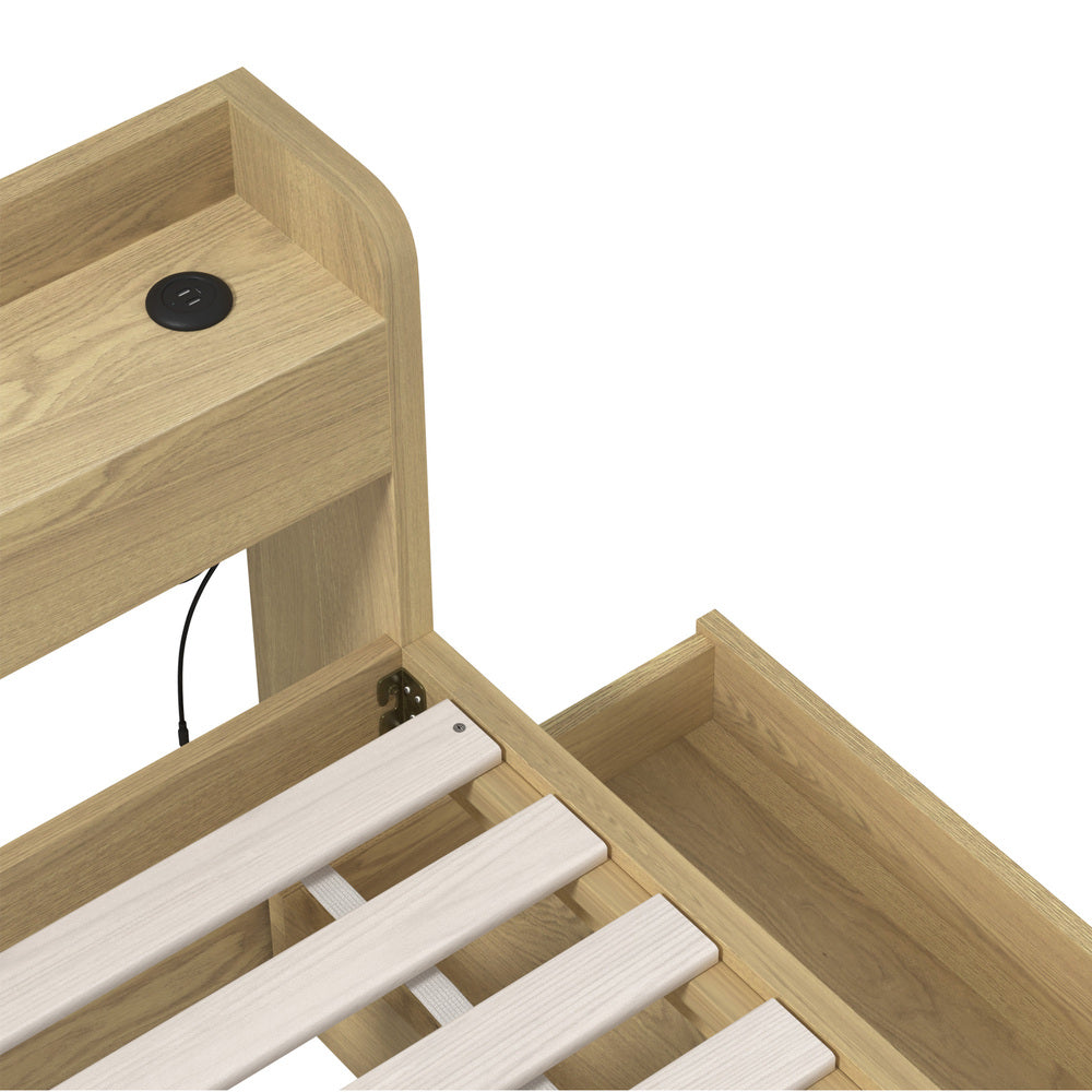 Oikiture Single Bed Frame with Charging Ports &amp; 2 Drawers-Wooden Bed Frames-PEROZ Accessories