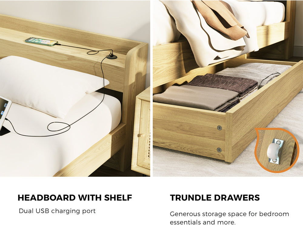 Oikiture Single Size Bed Frame with Charging Ports &amp; 2 Drawers-Bed Frame-PEROZ Accessories