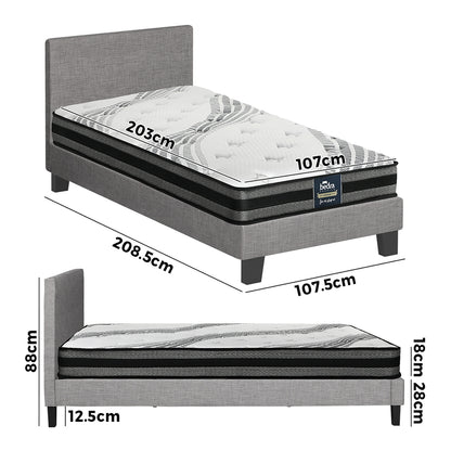 Oikiture Bed Frame with King Single Size Mattress Set Grey Fabric-Bed Frame-PEROZ Accessories