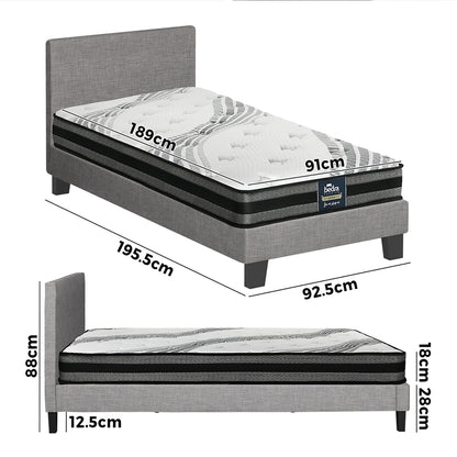 Oikiture Bed Frame with Single Size Mattress Set Grey Fabric-Bed Frame-PEROZ Accessories