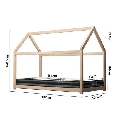 Oikiture Kids Bed Frame With Single Mattress Set House Style Wooden-Wooden Bed Frames-PEROZ Accessories