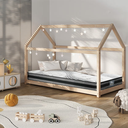 Oikiture Kids Bed Frame With Single Mattress Set House Style Wooden-Wooden Bed Frames-PEROZ Accessories