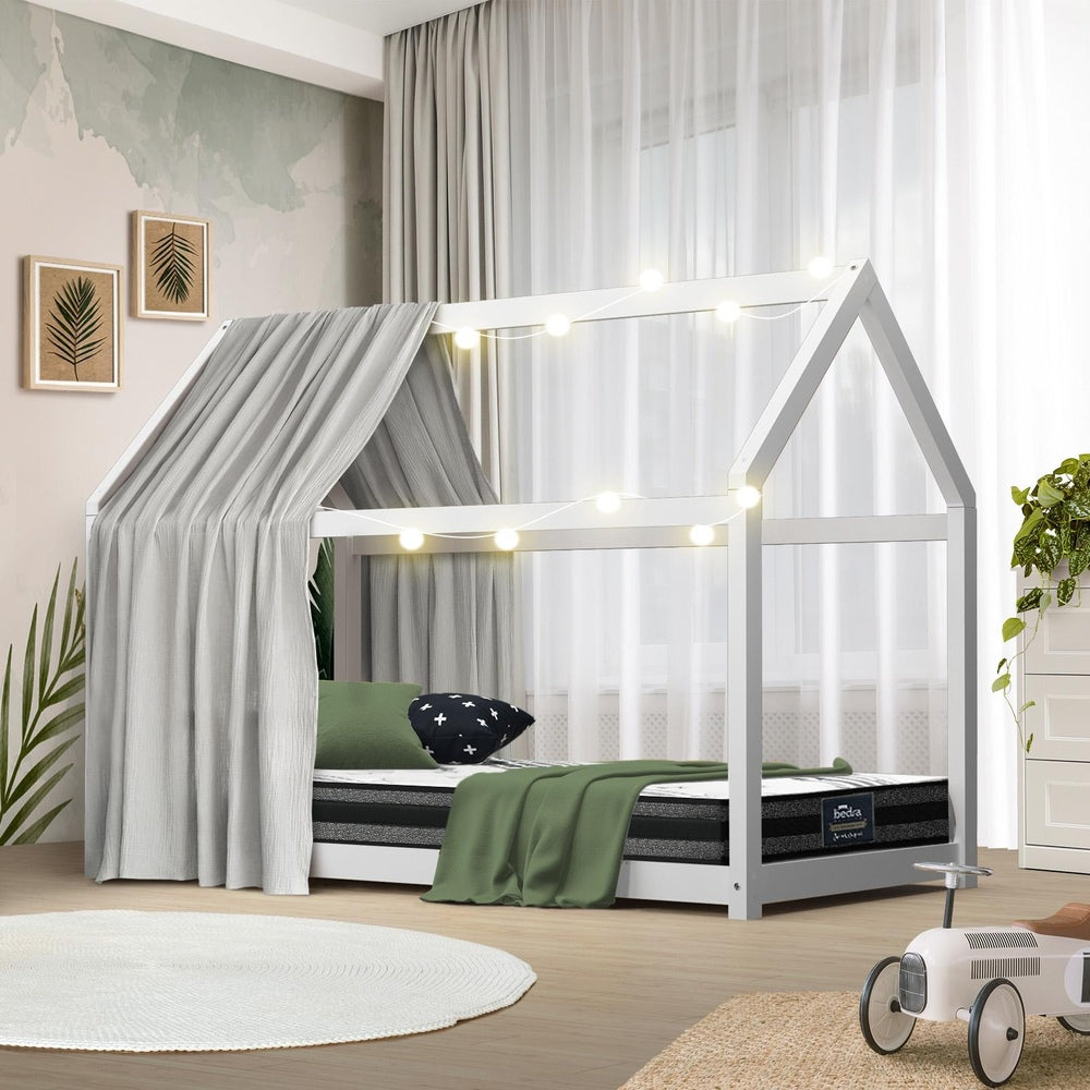 Oikiture Kids Bed Frame With Single Mattress Set House Style White-Wooden Bed Frames-PEROZ Accessories