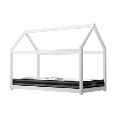 Oikiture Kids Bed Frame With Single Mattress Set House Style White-Wooden Bed Frames-PEROZ Accessories