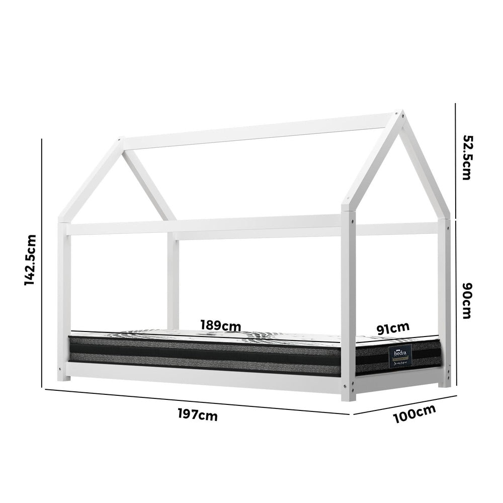 Oikiture Kids Bed Frame With Single Mattress Set House Style White-Wooden Bed Frames-PEROZ Accessories