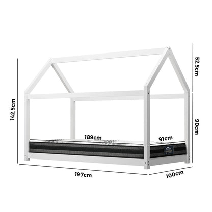 Oikiture Kids Bed Frame With Single Mattress Set House Style White-Wooden Bed Frames-PEROZ Accessories
