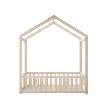 Oikiture Kids Wooden Bed Frame Double Size House Platform Natural-Wooden Bed Frame-PEROZ Accessories