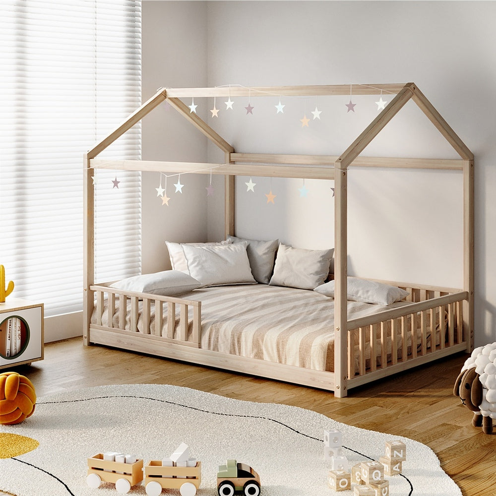 Oikiture Kids Wooden Bed Frame Double Size House Platform Natural-Wooden Bed Frame-PEROZ Accessories