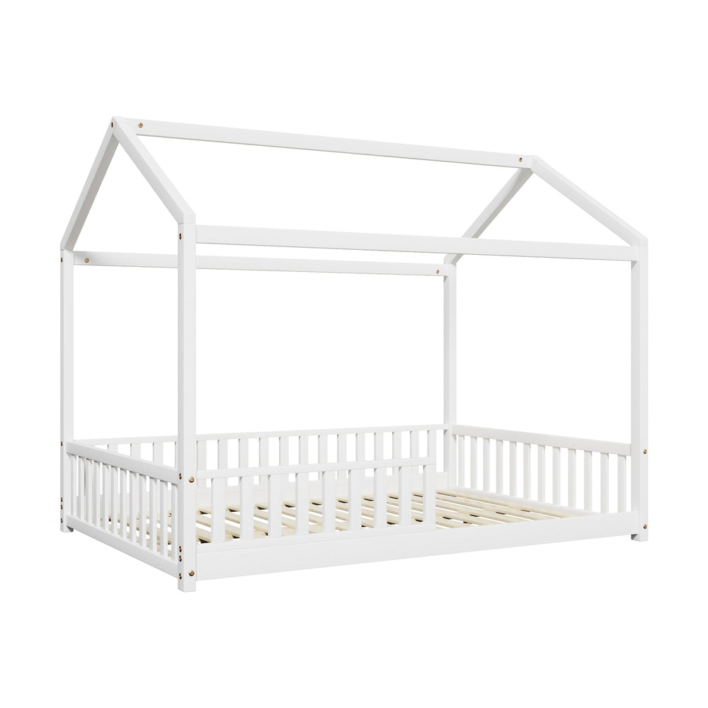 Oikiture Kids Wooden Bed Frame House Beds Platform Double White Timber Pine-Wooden Bed Frames-PEROZ Accessories