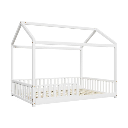 Oikiture Kids Wooden Bed Frame House Beds Platform Double White Timber Pine-Wooden Bed Frames-PEROZ Accessories
