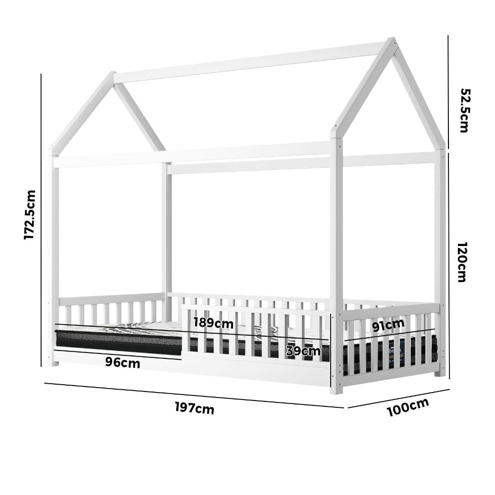 Oikiture Kids Bed Frame With Single Mattress Set House Frame White-Wooden Bed Frames-PEROZ Accessories