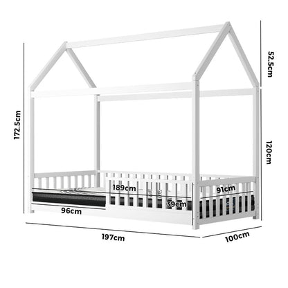 Oikiture Kids Bed Frame With Single Mattress Set House Frame White-Wooden Bed Frames-PEROZ Accessories