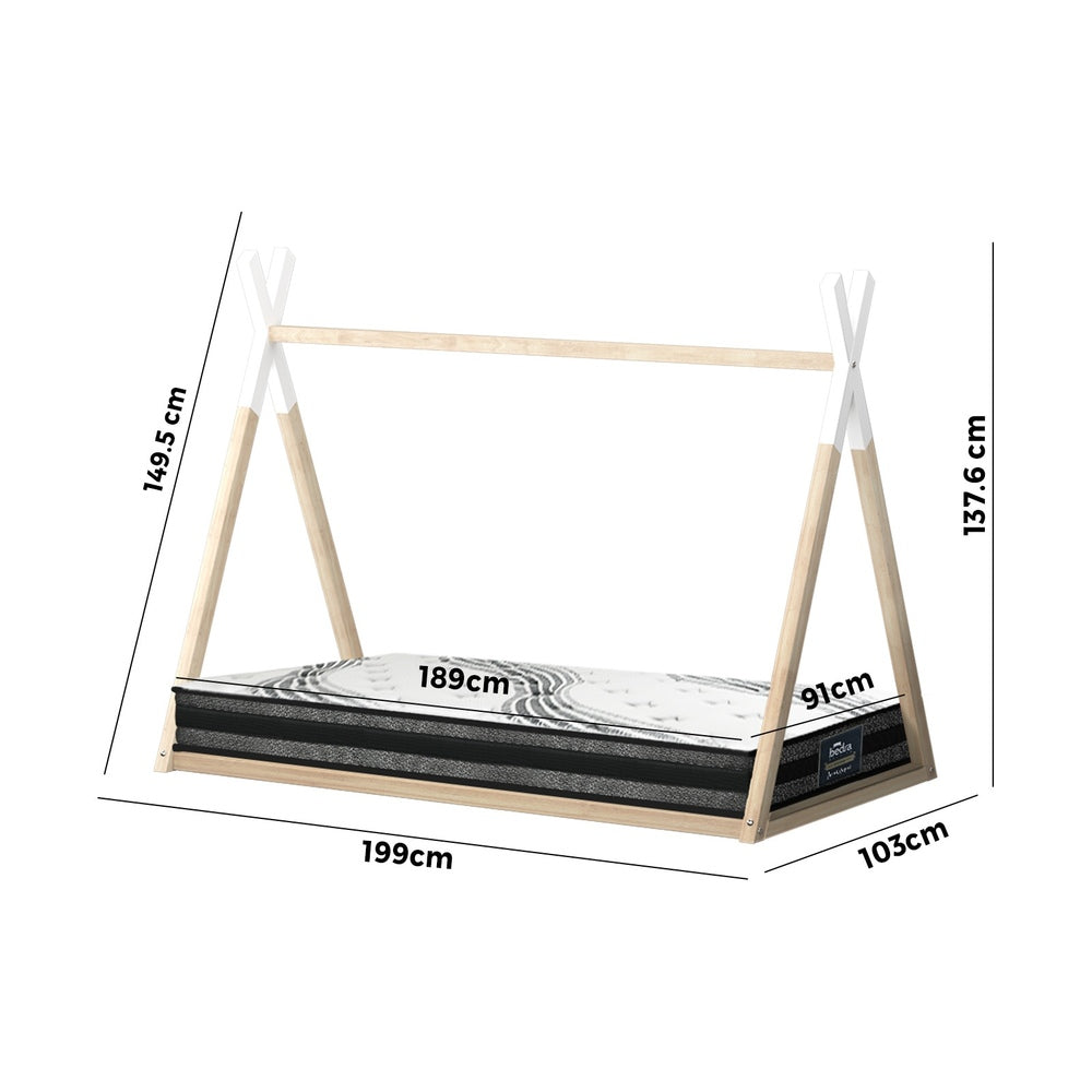 Oikiture Kids Bed Frame With Single Mattress Set Teepee House Style-Wooden Bed Frames-PEROZ Accessories
