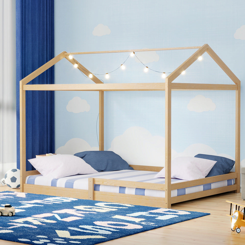 Oikiture Double Kids Wooden Bed Frame House Beds with Fence Natural-Wooden Bed Frame-PEROZ Accessories