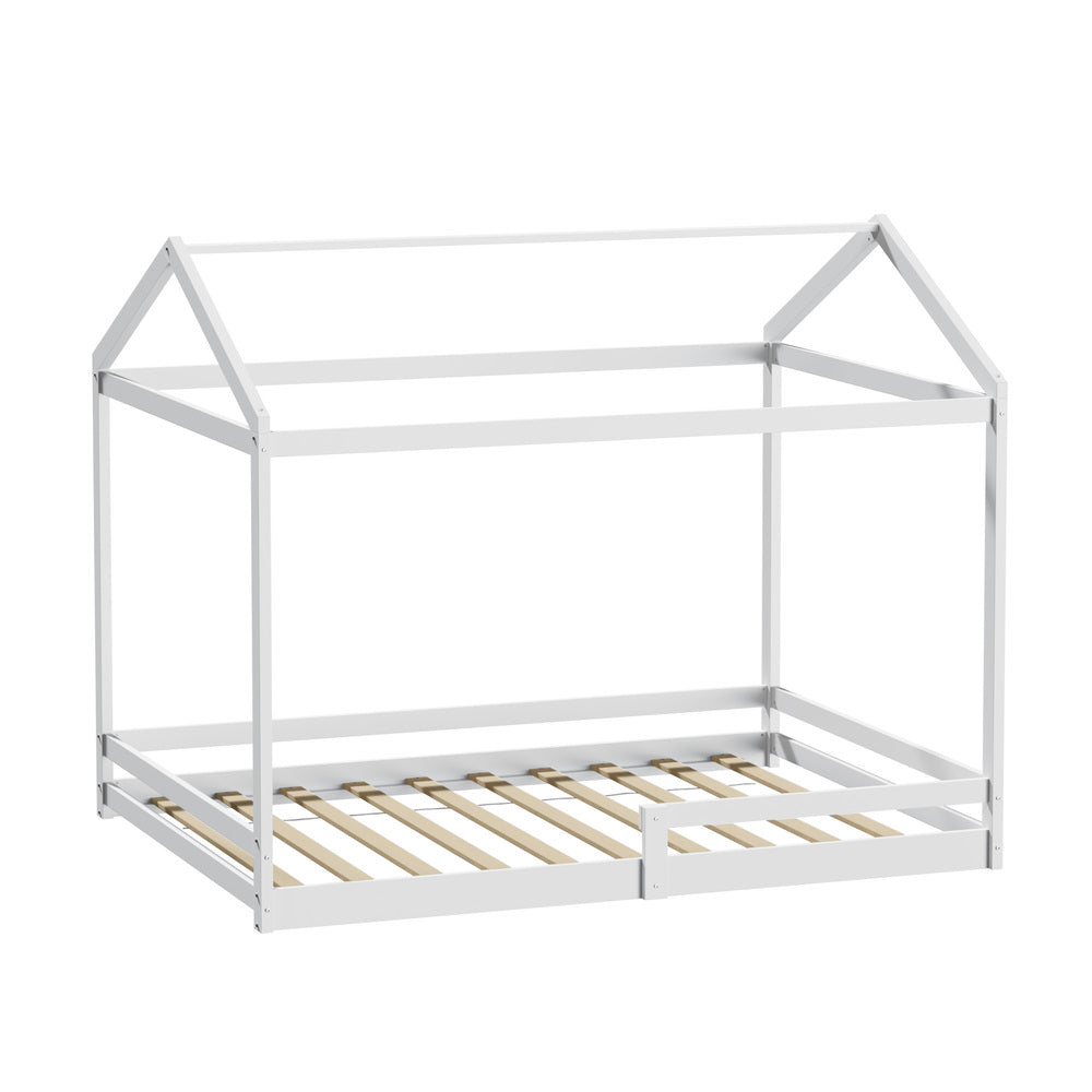 Oikiture Kids Wooden Bed Frame House Base with Fence Double White-Wooden Bed Frames-PEROZ Accessories