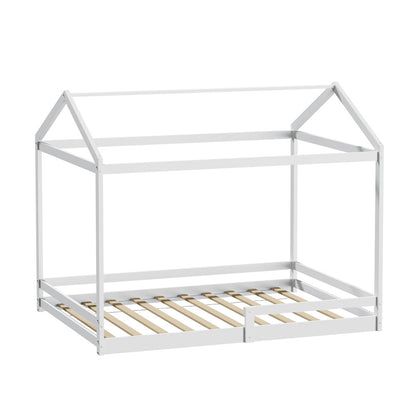 Oikiture Kids Wooden Bed Frame House Base with Fence Double White-Wooden Bed Frames-PEROZ Accessories