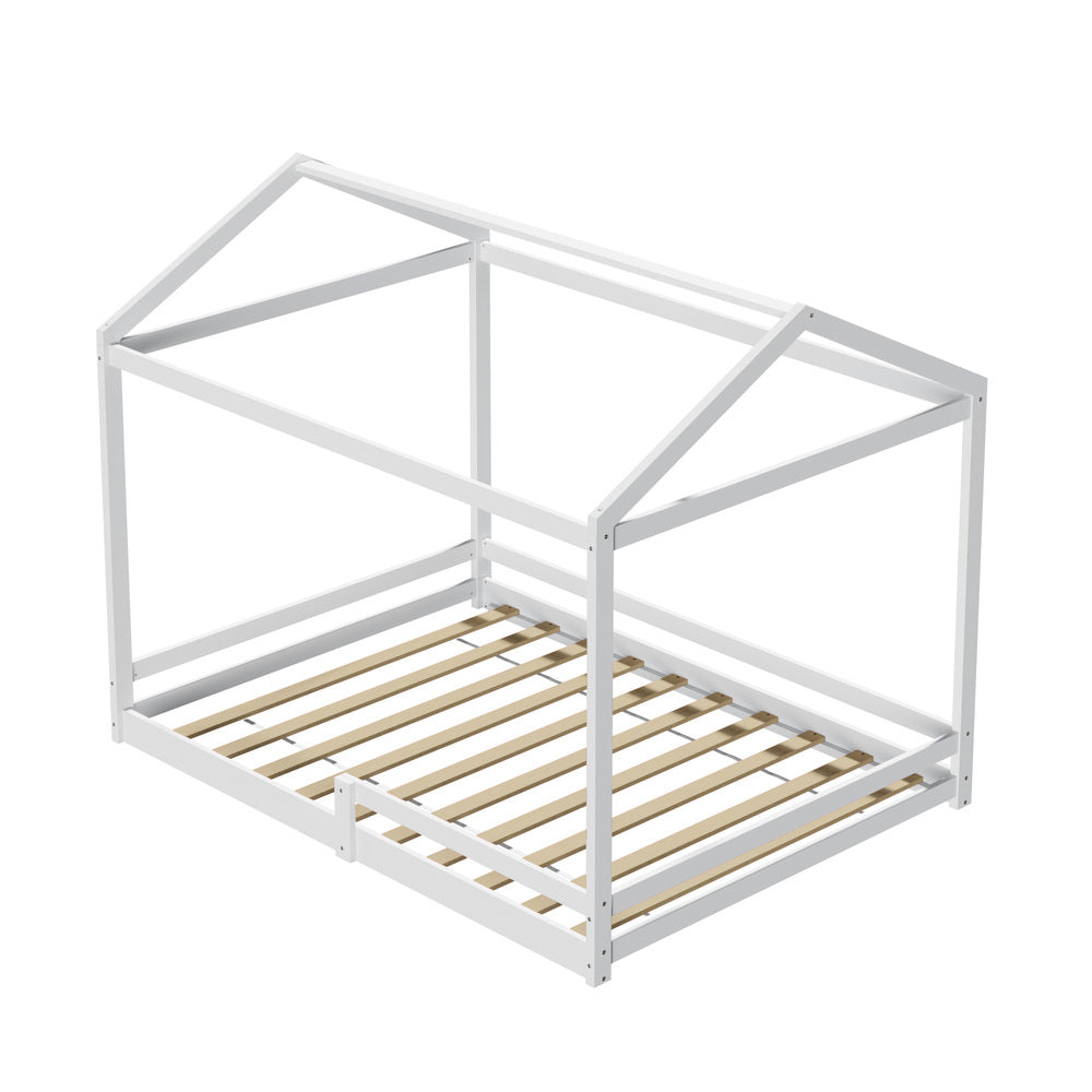 Oikiture Kids Wooden Bed Frame House Base with Fence Double White-Wooden Bed Frames-PEROZ Accessories