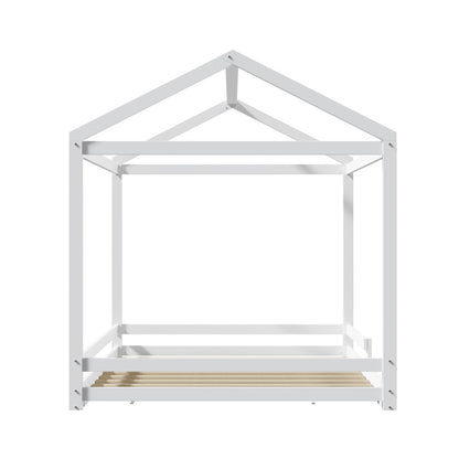 Oikiture Kids Wooden Bed Frame House Base with Fence Double White-Wooden Bed Frames-PEROZ Accessories