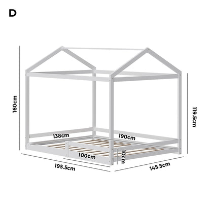 Oikiture Kids Wooden Bed Frame House Base with Fence Double White-Wooden Bed Frames-PEROZ Accessories