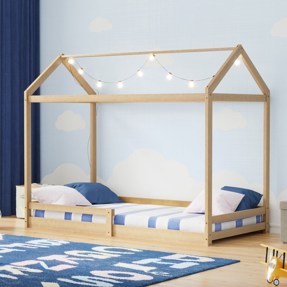 Oikiture Kids Wooden Bed Frame House Frame Timber with Fence Single Natural-Wooden Bed Frames-PEROZ Accessories