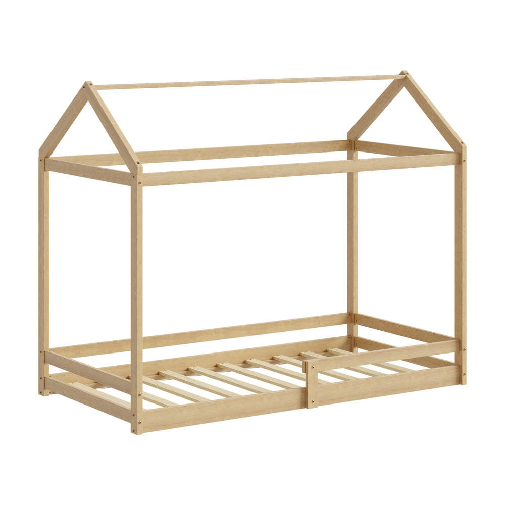 Oikiture Kids Wooden Bed Frame House Frame Timber with Fence Single Natural-Wooden Bed Frames-PEROZ Accessories