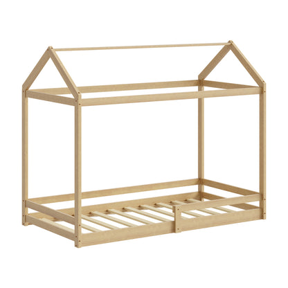 Oikiture Kids Wooden Bed Frame House Frame Timber with Fence Single Natural-Wooden Bed Frames-PEROZ Accessories