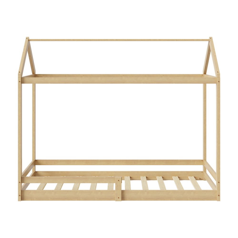 Oikiture Kids Wooden Bed Frame House Frame Timber with Fence Single Natural-Wooden Bed Frames-PEROZ Accessories