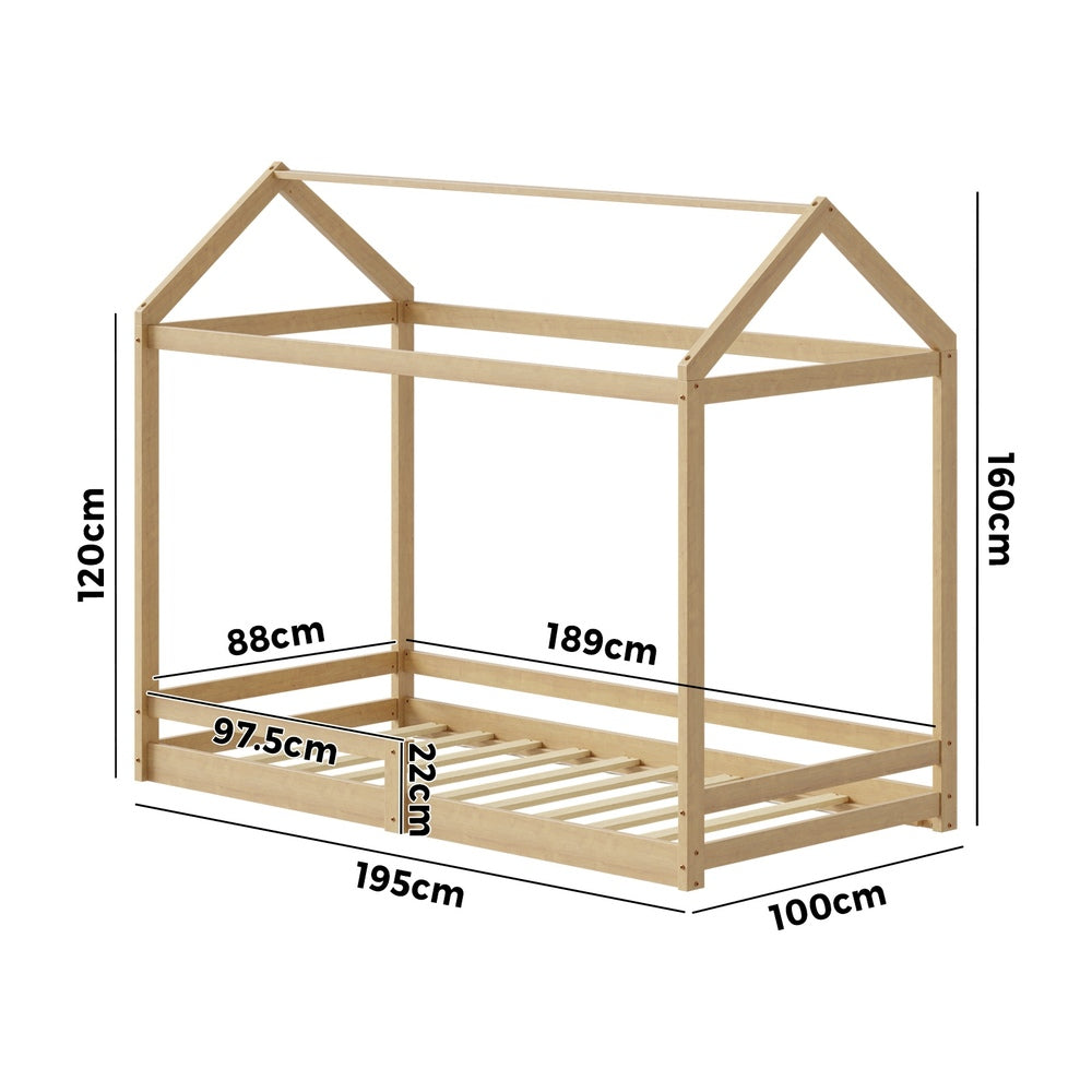 Oikiture Kids Wooden Bed Frame House Frame Timber with Fence Single Natural-Wooden Bed Frames-PEROZ Accessories