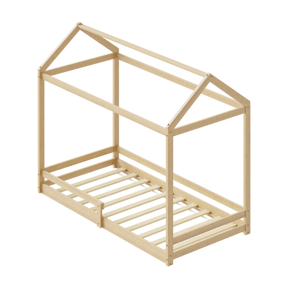 Oikiture Kids Wooden Bed Frame House Frame Timber with Fence Single Natural-Wooden Bed Frames-PEROZ Accessories