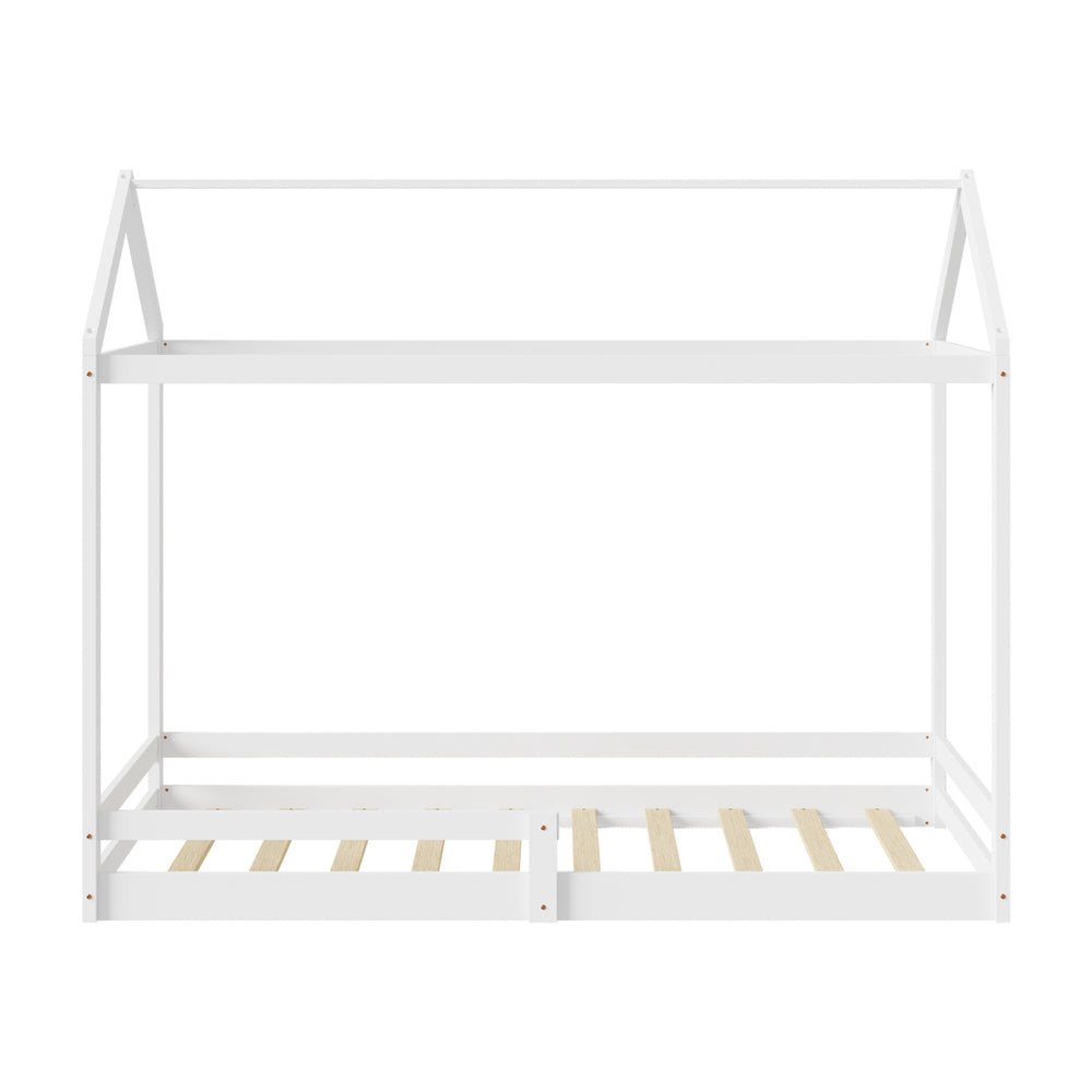 Oikiture Kids Wooden Bed Frame House Frame Timber with Fence Single White-Wooden Bed Frames-PEROZ Accessories