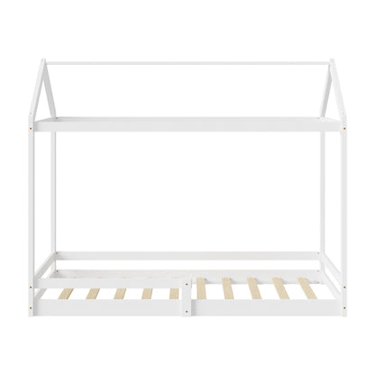 Oikiture Kids Wooden Bed Frame House Frame Timber with Fence Single White-Wooden Bed Frames-PEROZ Accessories